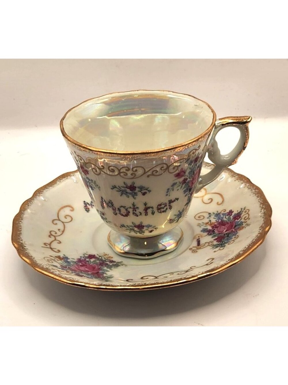 Vintage Norleans Mother Iridescent Pedestal Teacup and Saucer (#DCG959)
